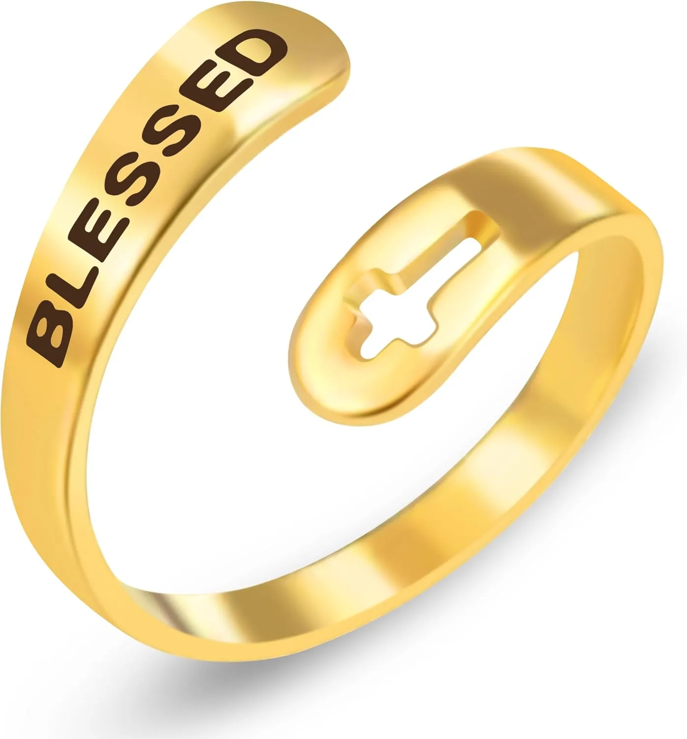 | Stainless Steel Open Ring | Engraved Blessing Characters | Hollow Cross Design | Mother's Day Thanksgiving Jewelry | Christian Jewelry for Men and Women | Religious Jewelry for Holidays
