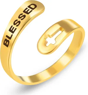 | Stainless Steel Open Ring | Engraved Blessing Characters | Hollow Cross Design | Mother's Day Thanksgiving Jewelry | Christian Jewelry for Men and Women | Religious Jewelry for Holidays