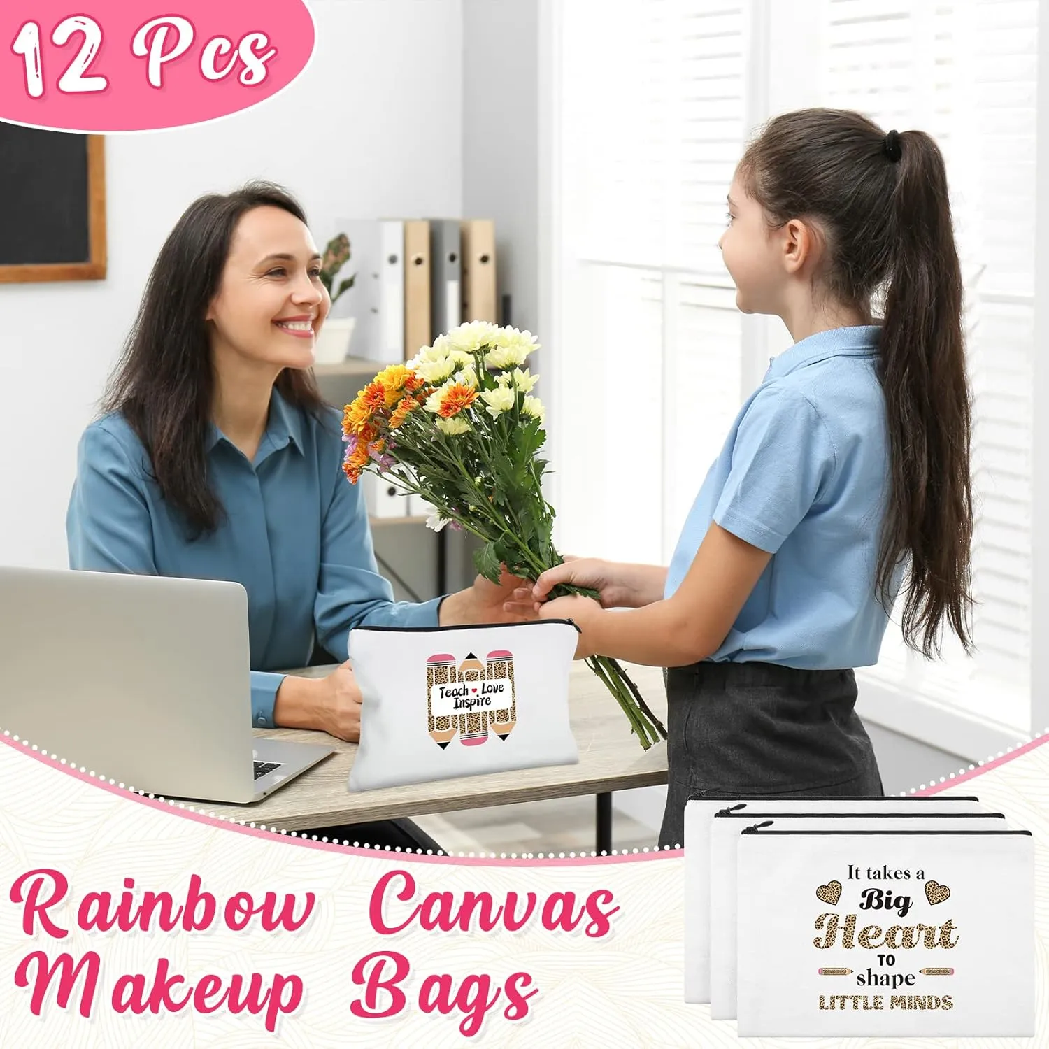12 Pcs Teacher Gifts Makeup Bags Teacher Appreciation Travel Toiletry Canvas Cosmetic Pencil Survival Kit Bag for Women Zipper Pouch Bag Thank You Gifts Bulk (Rainbow and Pencil)