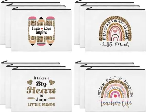 12 Pcs Teacher Gifts Makeup Bags Teacher Appreciation Travel Toiletry Canvas Cosmetic Pencil Survival Kit Bag for Women Zipper Pouch Bag Thank You Gifts Bulk (Rainbow and Pencil)