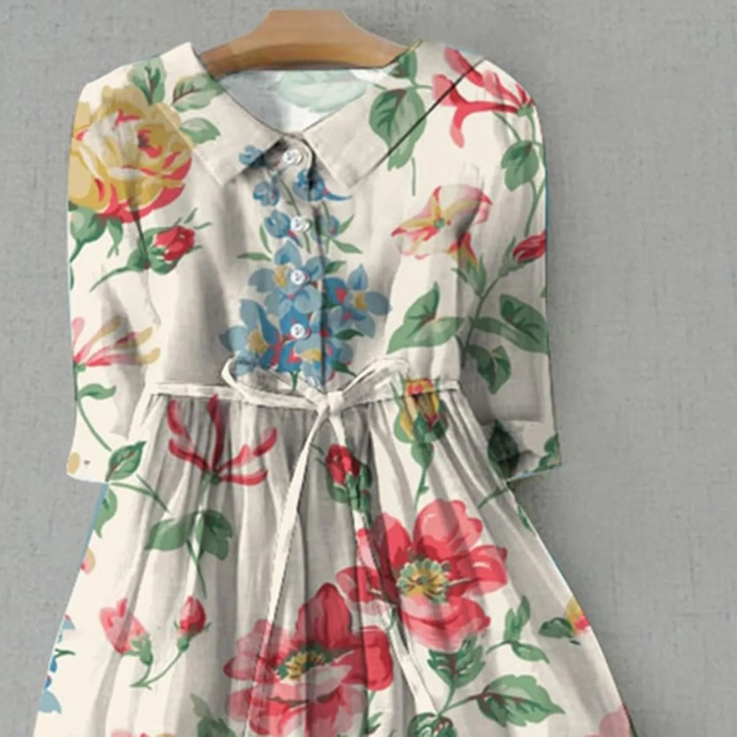 3/4 Sleeve Cotton Dresses for Women Casual Summer Button Down Floral Dress Beach Vacation Dresses Ruffle Floral