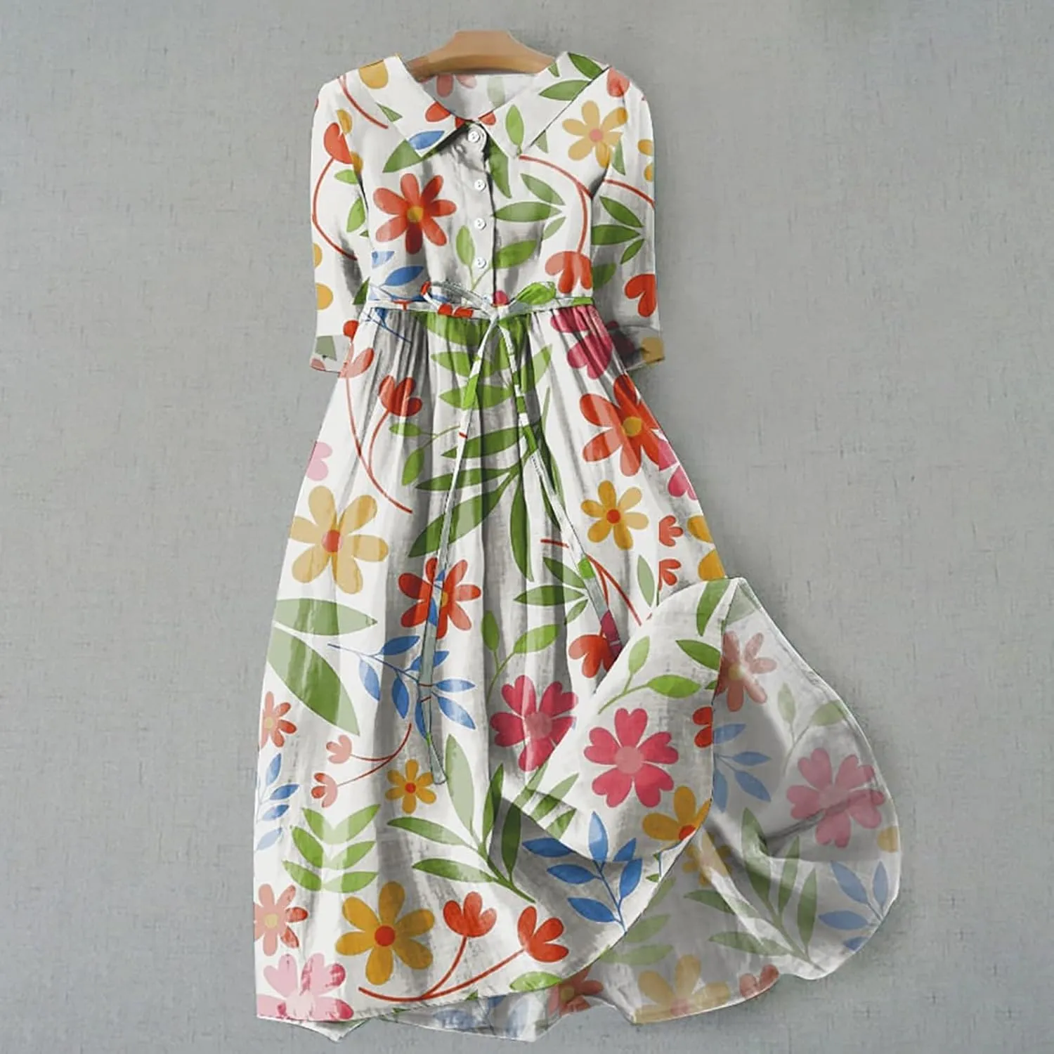 3/4 Sleeve Cotton Dresses for Women Casual Summer Button Down Floral Dress Beach Vacation Dresses Ruffle Floral