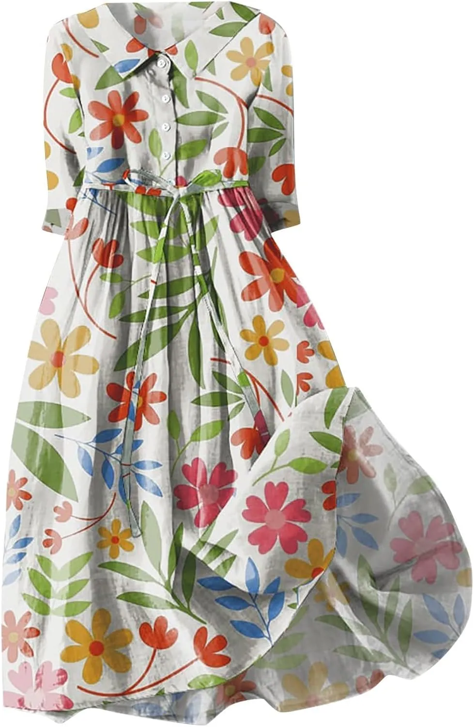 3/4 Sleeve Cotton Dresses for Women Casual Summer Button Down Floral Dress Beach Vacation Dresses Ruffle Floral