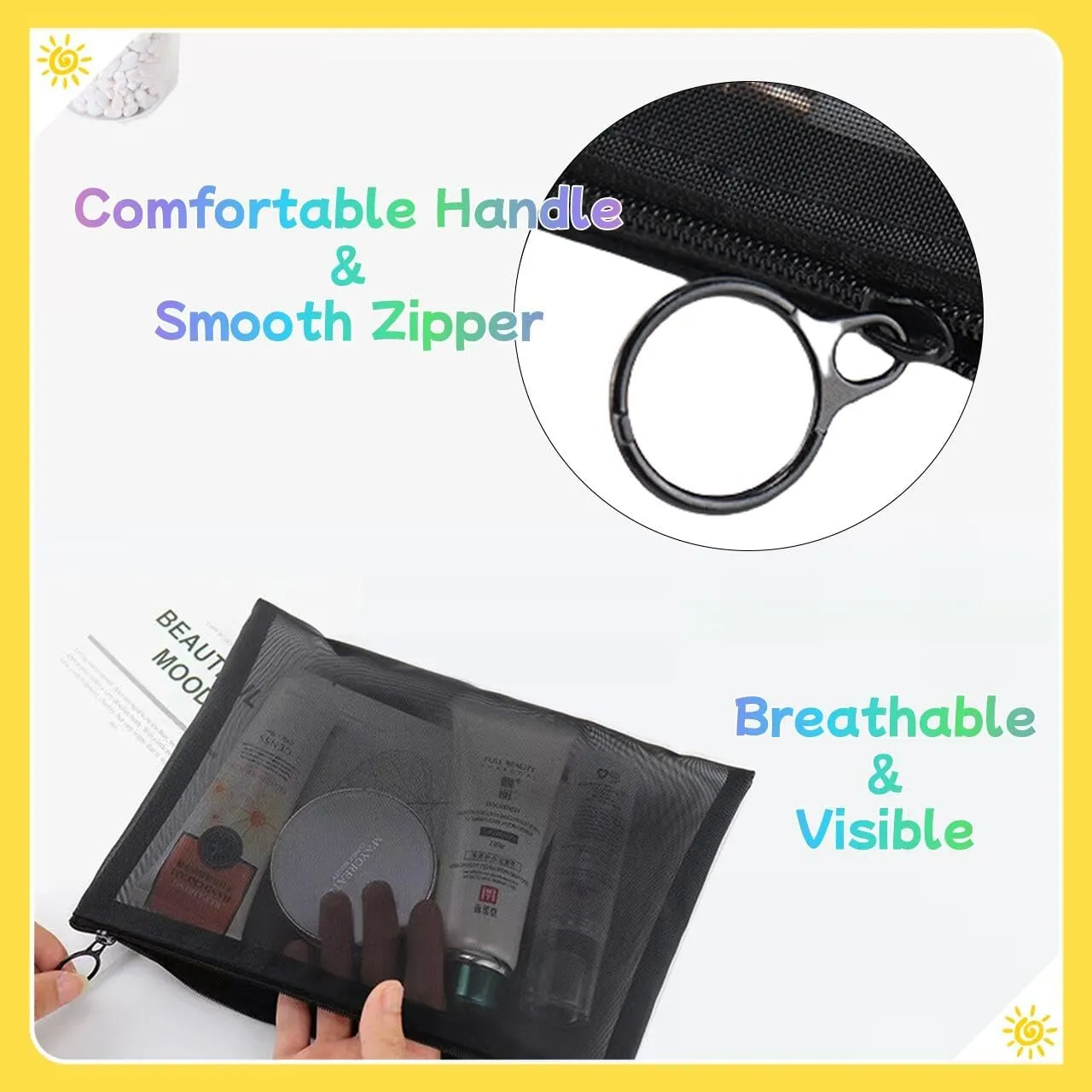 5PCS Zipper Pouch Bags - Travel Kit Storage for Credit Card, Key Holder, Coin Purse - Mesh Cosmetic Bag (Black)