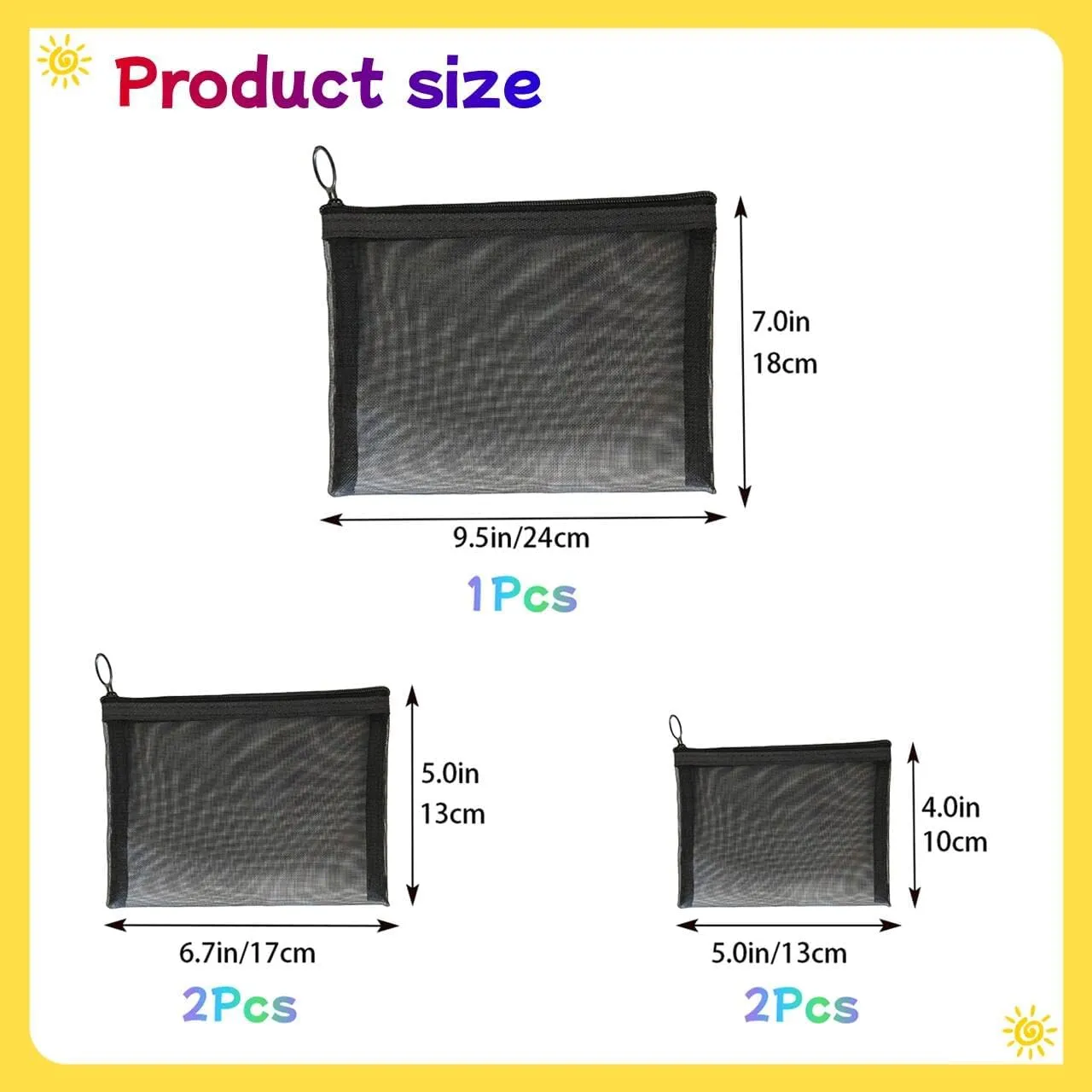 5PCS Zipper Pouch Bags - Travel Kit Storage for Credit Card, Key Holder, Coin Purse - Mesh Cosmetic Bag (Black)