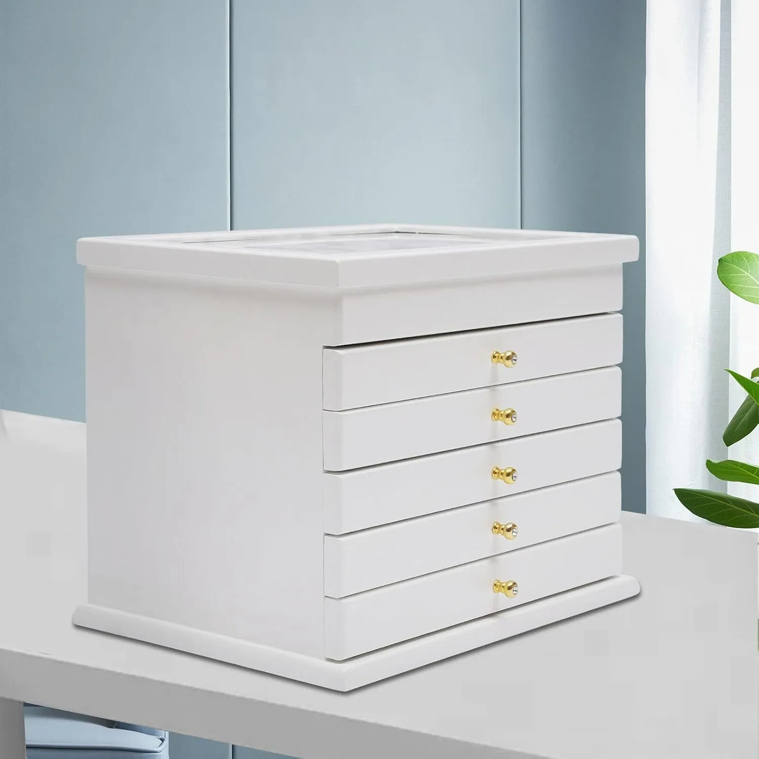 6-Layer White Jewelry Box, Exquisitely Lucky Four Leaf Clover Wooden Jewelry Box Organizer Jewelry Storage Organizer Great Ideal for Earring, Ring, Necklace, Bracelets