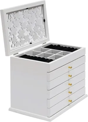 6-Layer White Jewelry Box, Exquisitely Lucky Four Leaf Clover Wooden Jewelry Box Organizer Jewelry Storage Organizer Great Ideal for Earring, Ring, Necklace, Bracelets