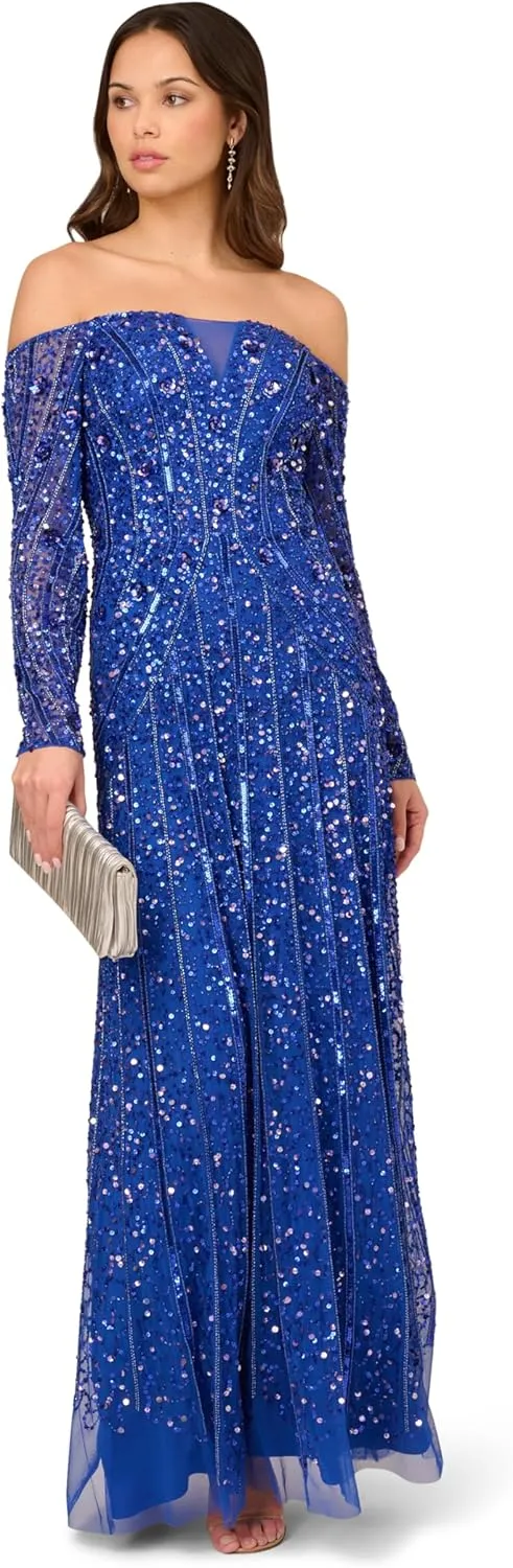 Adrianna Papell Women's Beaded Off Shoulder Gown