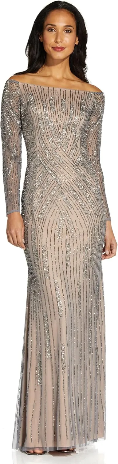 Adrianna Papell Women's Beaded Off Shoulder Gown