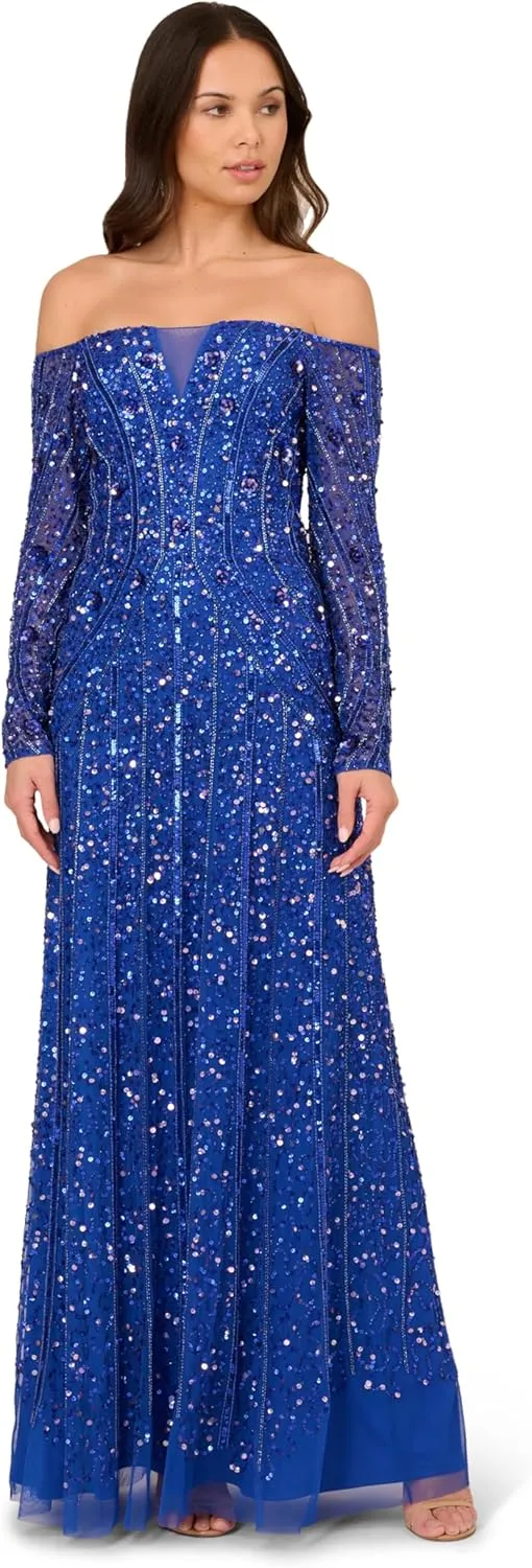 Adrianna Papell Women's Beaded Off Shoulder Gown