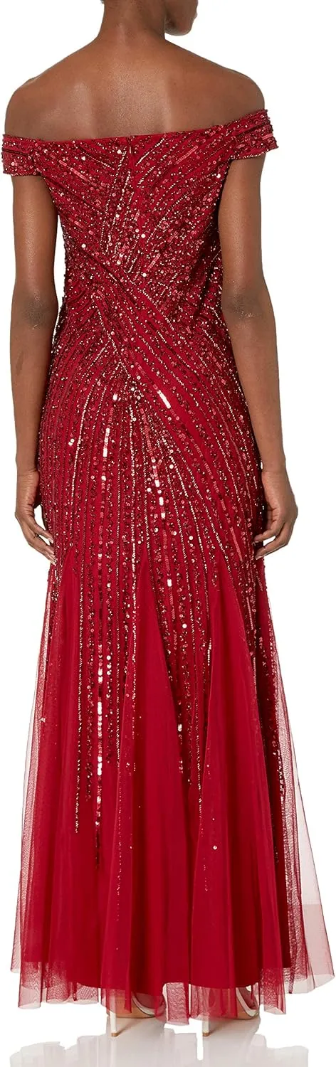 Adrianna Papell Women's Beaded Off Shoulder Gown