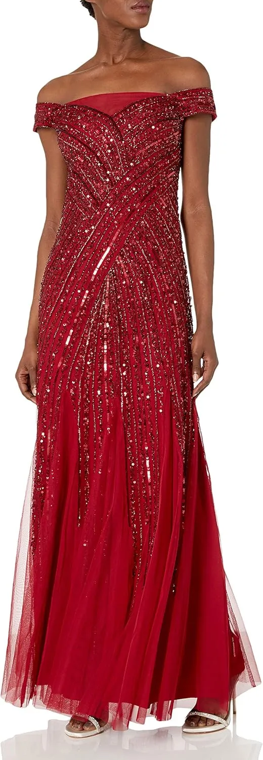 Adrianna Papell Women's Beaded Off Shoulder Gown