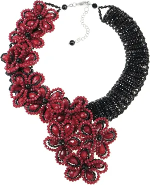 AeraVida Stylish Red and Black Flower Blossoms Fashion Crystals and Beads on Jewelry Wire Statement Necklace | Handmade Jewelry for Women | Statement Necklace | Boho Jewelry