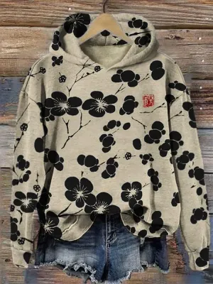 Akivide Womens Boho Fleece Long Sleeve Hoodies Casual Floral Print Hooded Sweatshirt Oversized Vintage Thick Pullover Tops