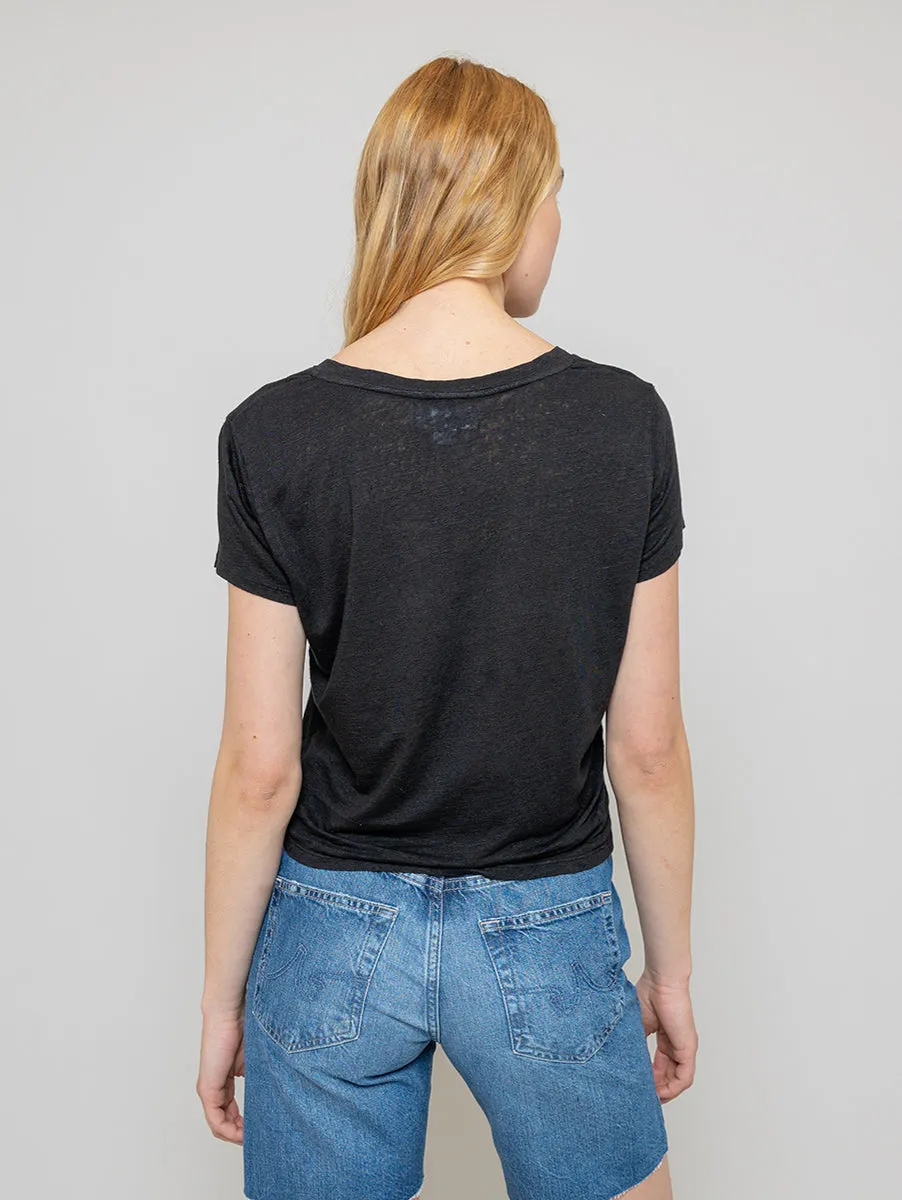 Amber Linen Short Sleeve V-Neck Tee - Black