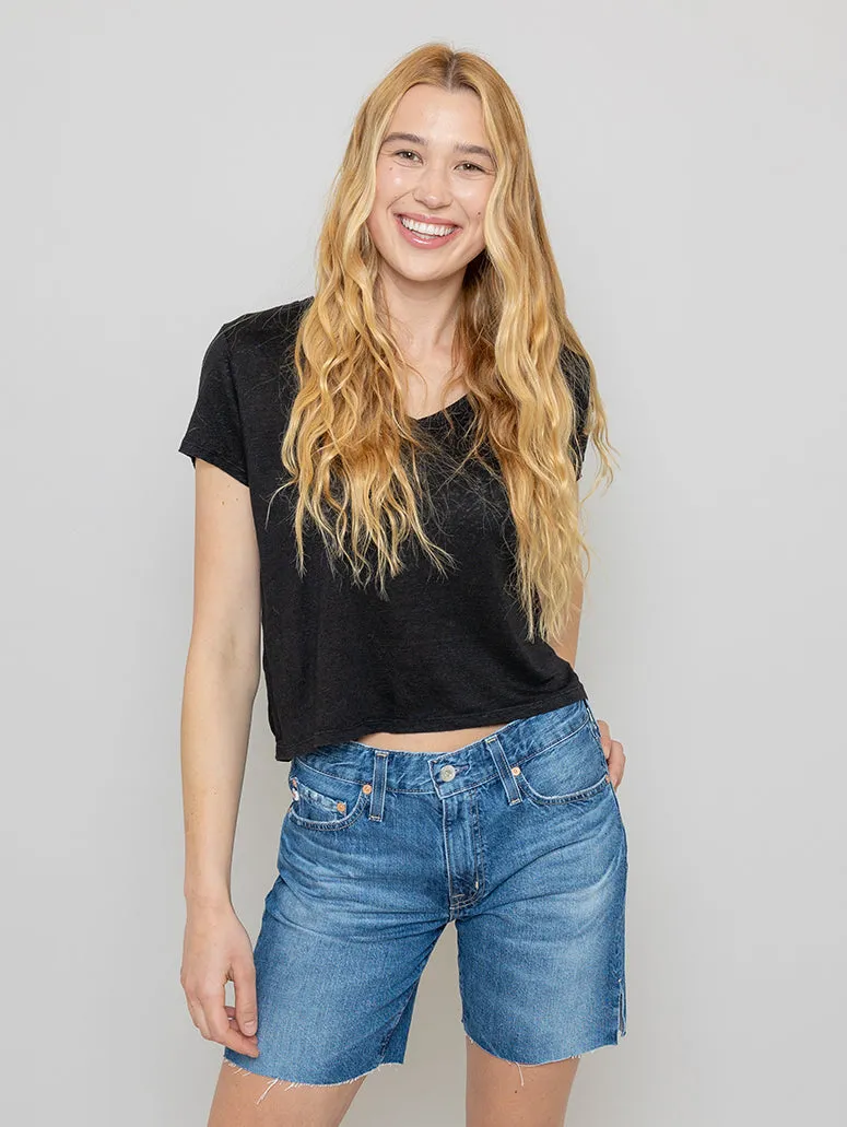 Amber Linen Short Sleeve V-Neck Tee - Black