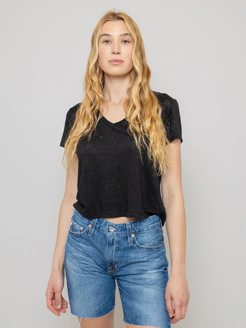 Amber Linen Short Sleeve V-Neck Tee - Black