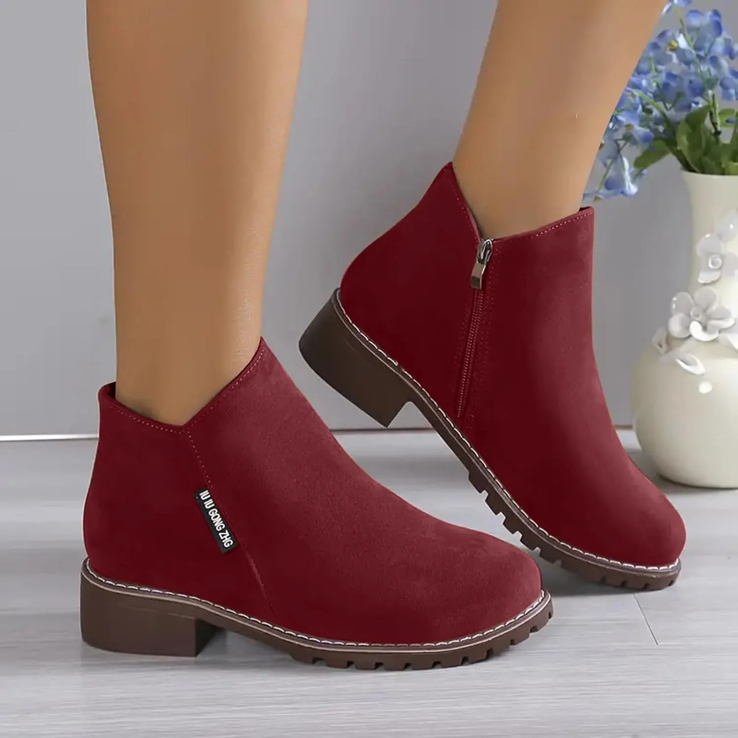 Ankle Boots for Women No Heel Fall Boots for Women 2024 Low Heel Vintage Retro Side Zipper Boots Low Heel Shoes