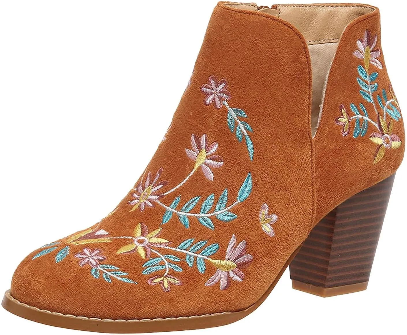 Ankle Boots for Women Women's Suede Ankle Booties Low Heel Fashion Flower Embroidery Boots Black Brown Beige US5-11