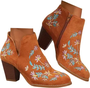 Ankle Boots for Women Women's Suede Ankle Booties Low Heel Fashion Flower Embroidery Boots Black Brown Beige US5-11