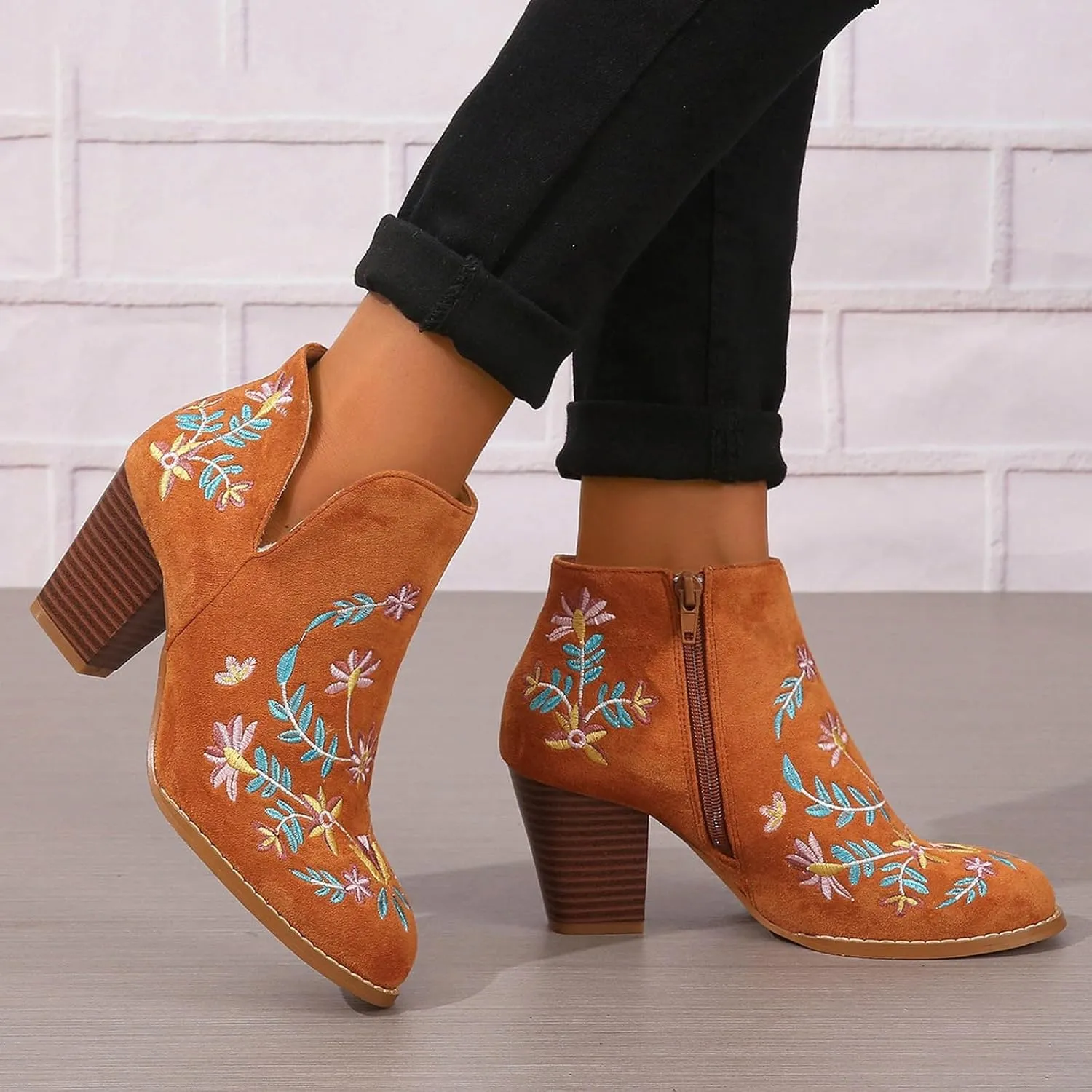Ankle Boots for Women Women's Suede Ankle Booties Low Heel Fashion Flower Embroidery Boots Black Brown Beige US5-11