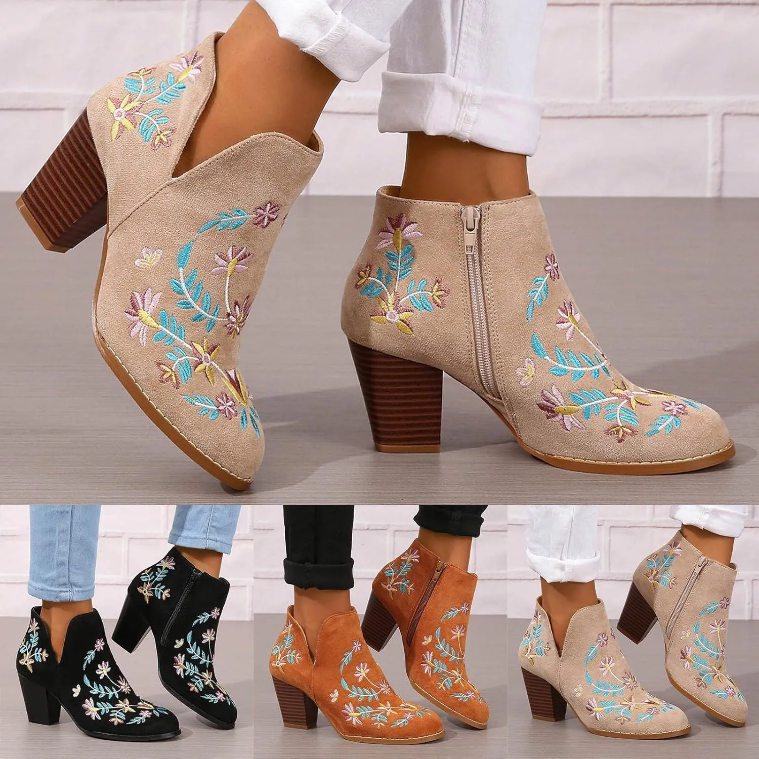 Ankle Boots for Women Women's Suede Ankle Booties Low Heel Fashion Flower Embroidery Boots Black Brown Beige US5-11