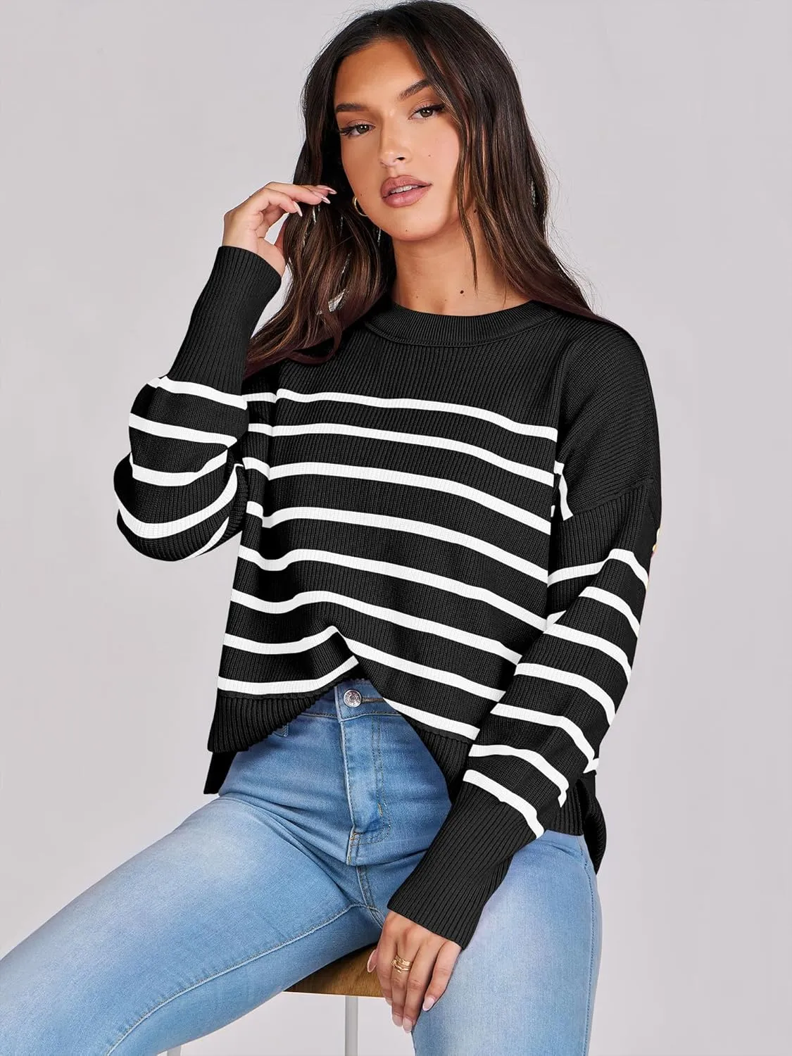 ANRABESS Womens Oversized Crewneck Cropped Sweaters Long Batwing Sleeve Side Slit Ribbed Knit Pullover Tops 2024 Fall Trendy