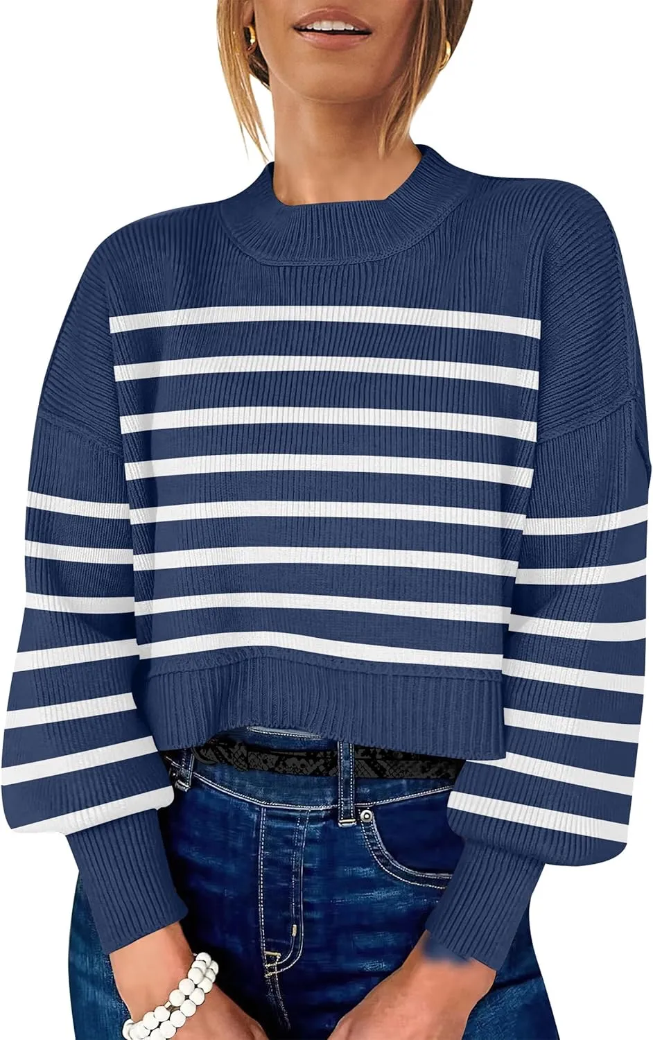 ANRABESS Womens Oversized Crewneck Cropped Sweaters Long Batwing Sleeve Side Slit Ribbed Knit Pullover Tops 2024 Fall Trendy