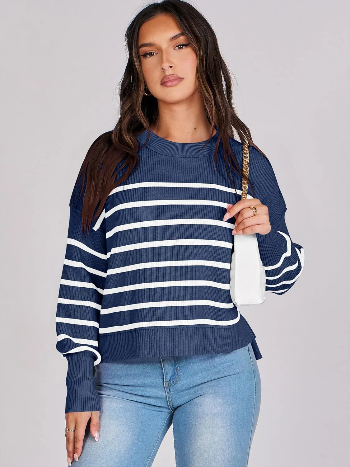 ANRABESS Womens Oversized Crewneck Cropped Sweaters Long Batwing Sleeve Side Slit Ribbed Knit Pullover Tops 2024 Fall Trendy