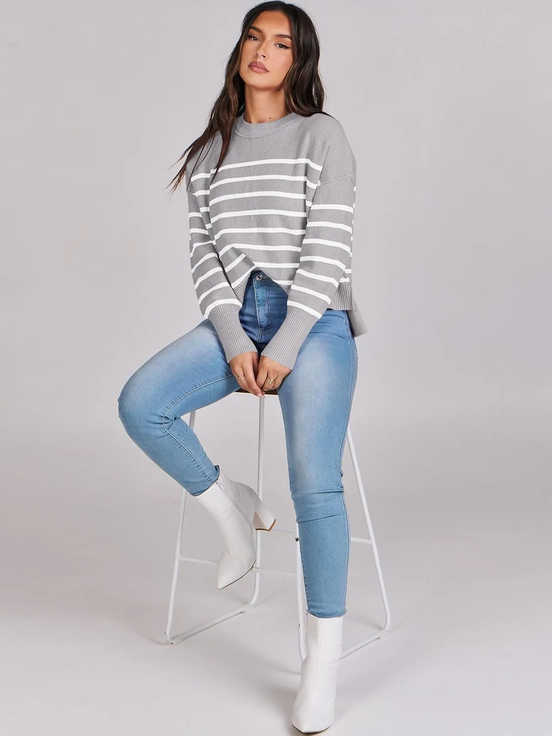ANRABESS Womens Oversized Crewneck Cropped Sweaters Long Batwing Sleeve Side Slit Ribbed Knit Pullover Tops 2024 Fall Trendy