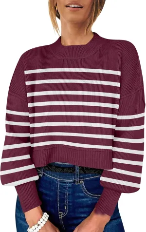 ANRABESS Womens Oversized Crewneck Cropped Sweaters Long Batwing Sleeve Side Slit Ribbed Knit Pullover Tops 2024 Fall Trendy