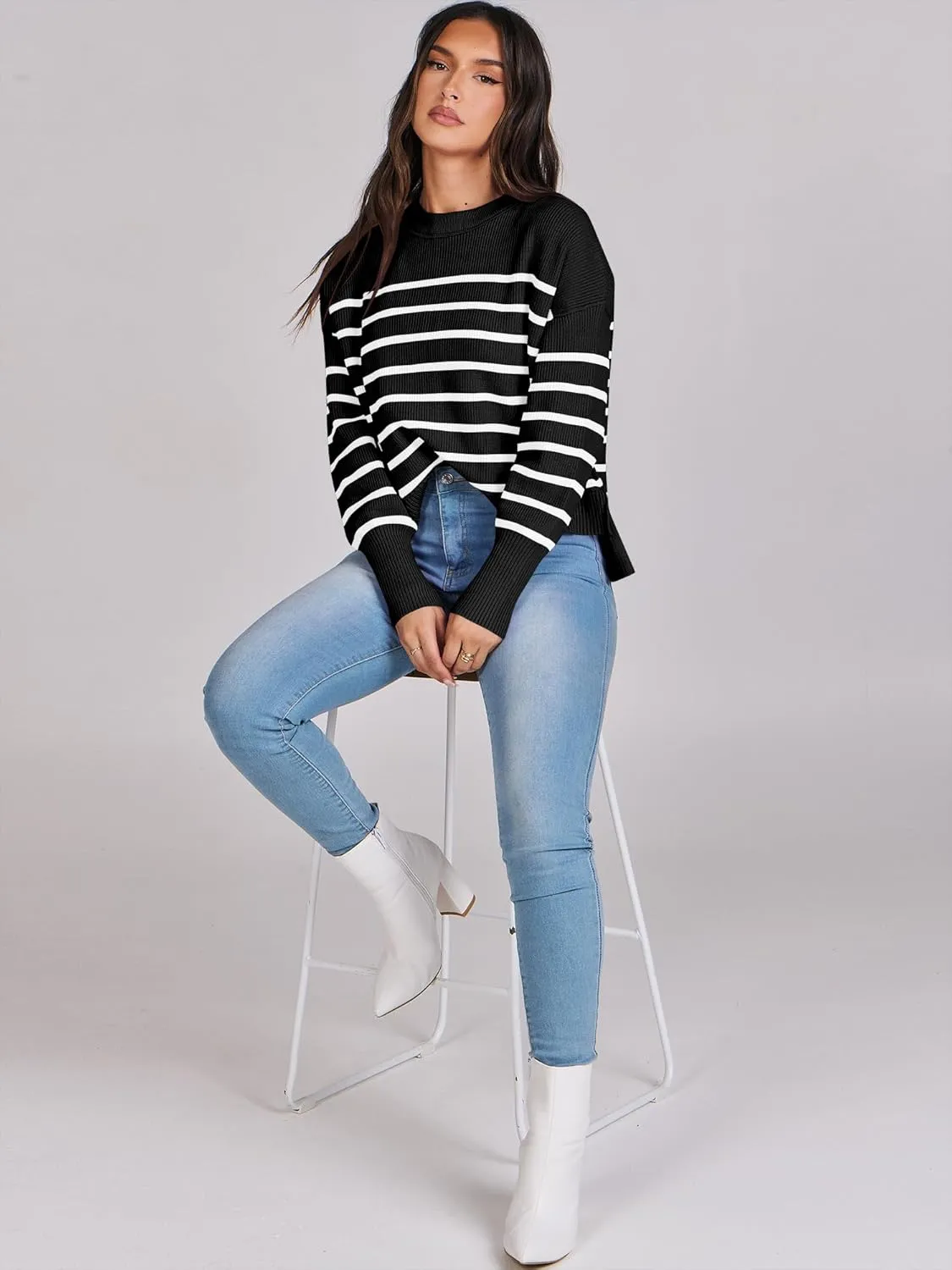 ANRABESS Womens Oversized Crewneck Cropped Sweaters Long Batwing Sleeve Side Slit Ribbed Knit Pullover Tops 2024 Fall Trendy