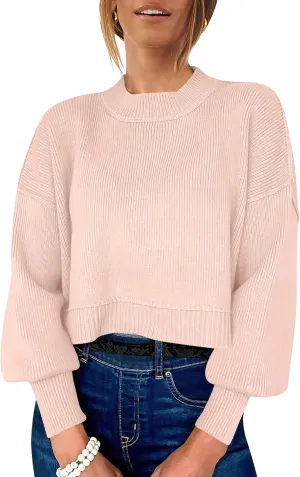 ANRABESS Womens Oversized Crewneck Cropped Sweaters Long Batwing Sleeve Side Slit Ribbed Knit Pullover Tops 2024 Fall Trendy
