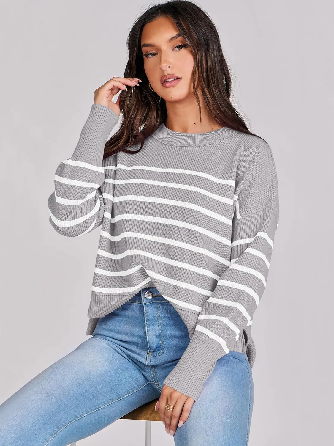 ANRABESS Womens Oversized Crewneck Cropped Sweaters Long Batwing Sleeve Side Slit Ribbed Knit Pullover Tops 2024 Fall Trendy