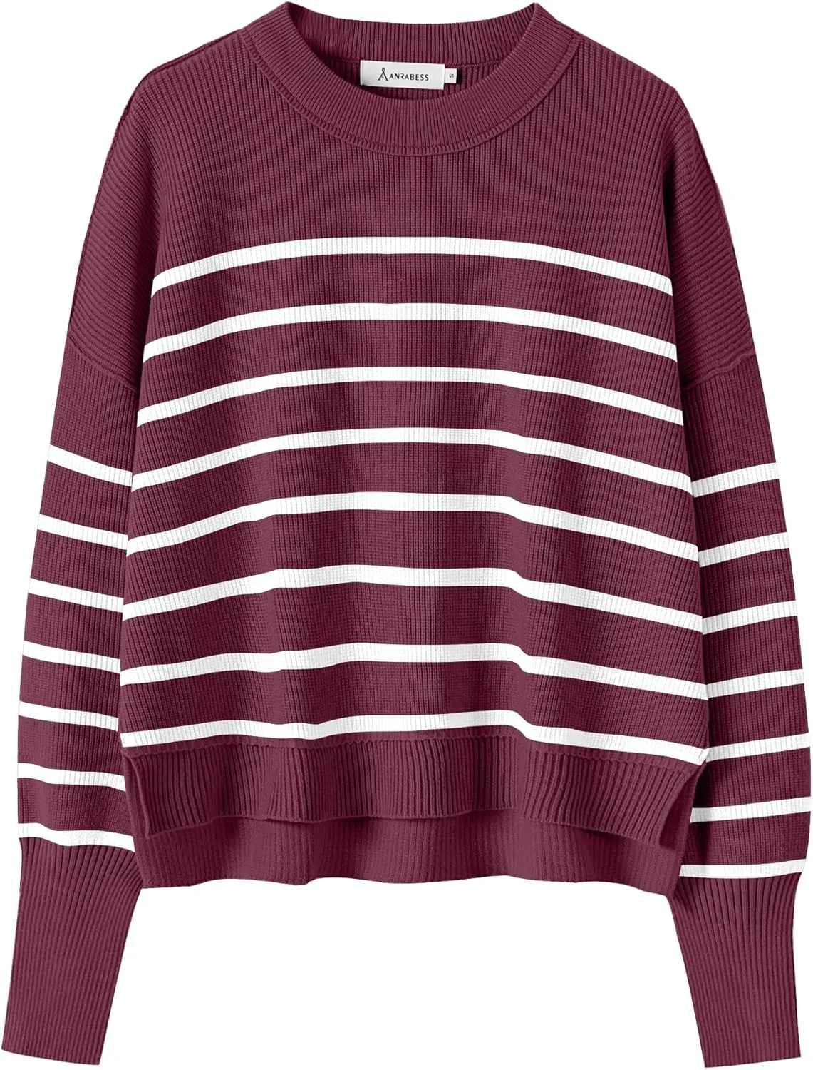 ANRABESS Womens Oversized Crewneck Cropped Sweaters Long Batwing Sleeve Side Slit Ribbed Knit Pullover Tops 2024 Fall Trendy