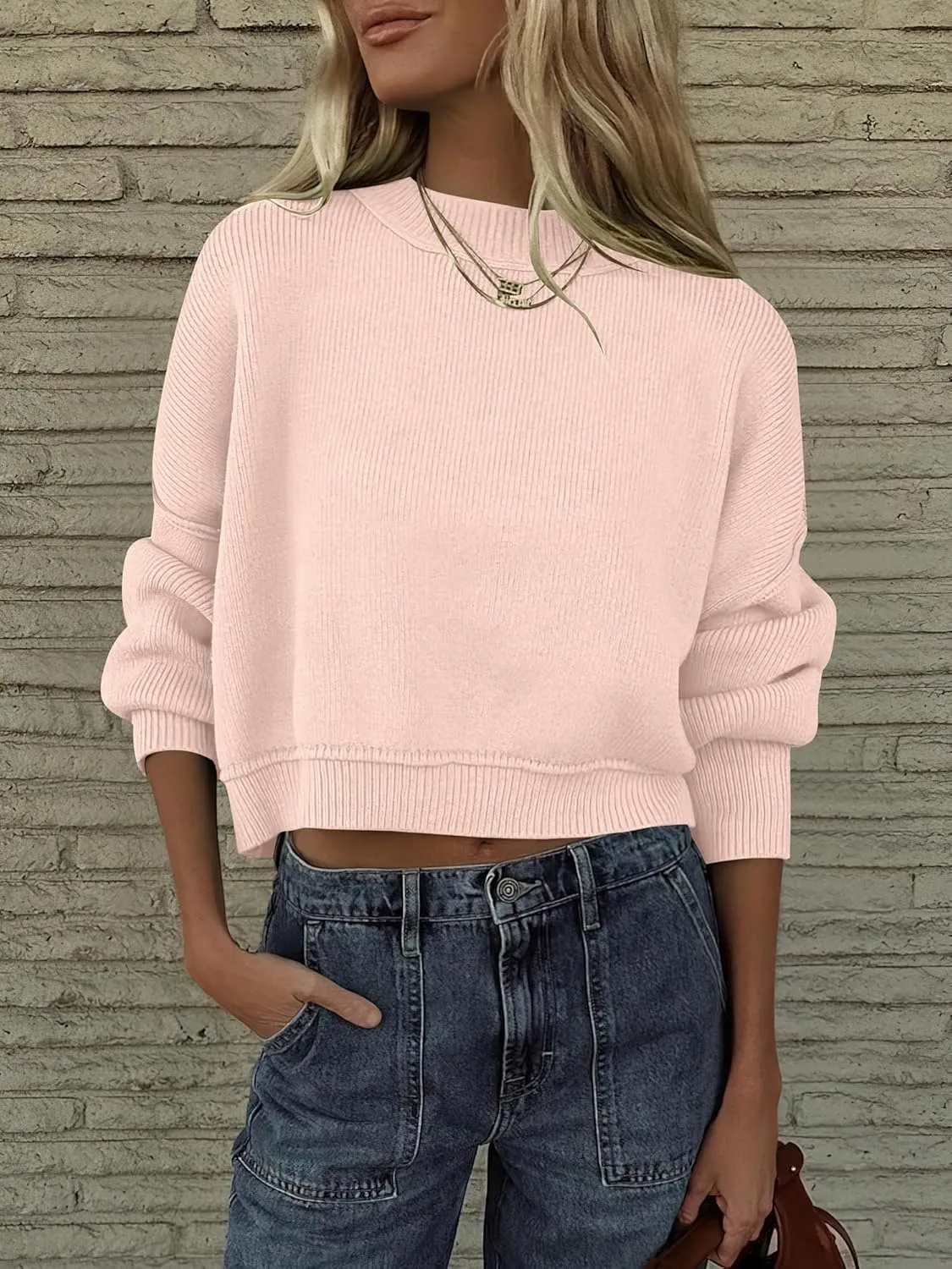 ANRABESS Womens Oversized Crewneck Cropped Sweaters Long Batwing Sleeve Side Slit Ribbed Knit Pullover Tops 2024 Fall Trendy