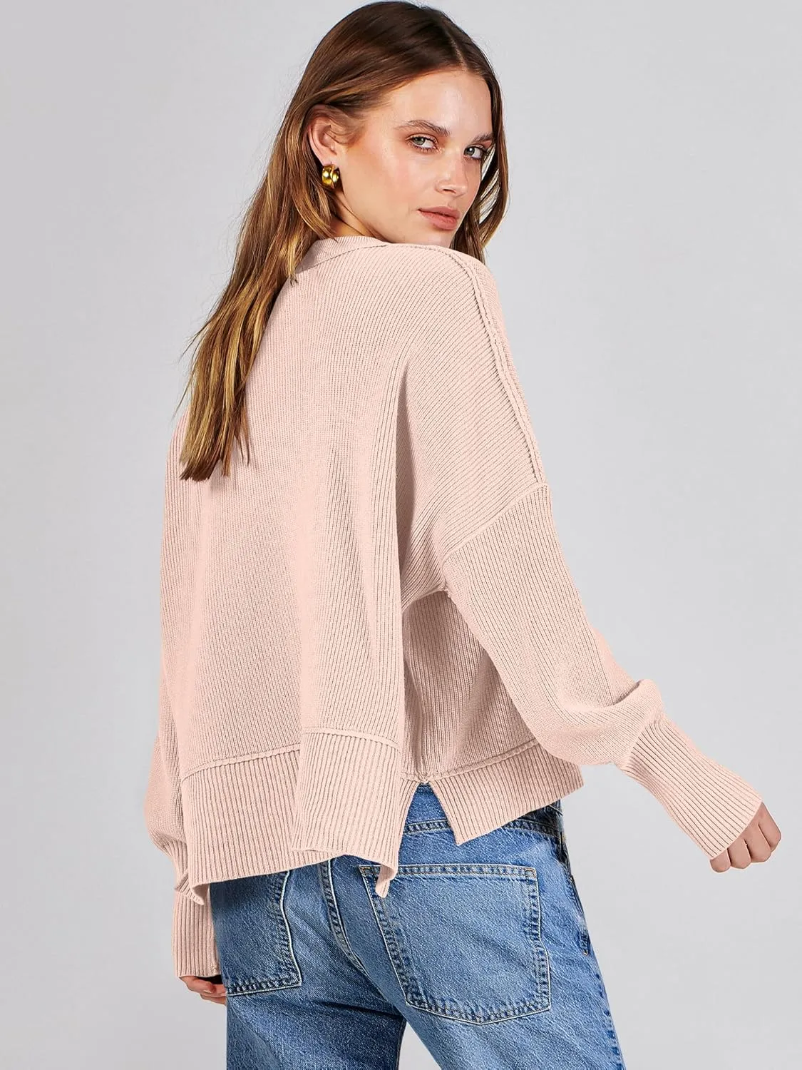 ANRABESS Womens Oversized Crewneck Cropped Sweaters Long Batwing Sleeve Side Slit Ribbed Knit Pullover Tops 2024 Fall Trendy