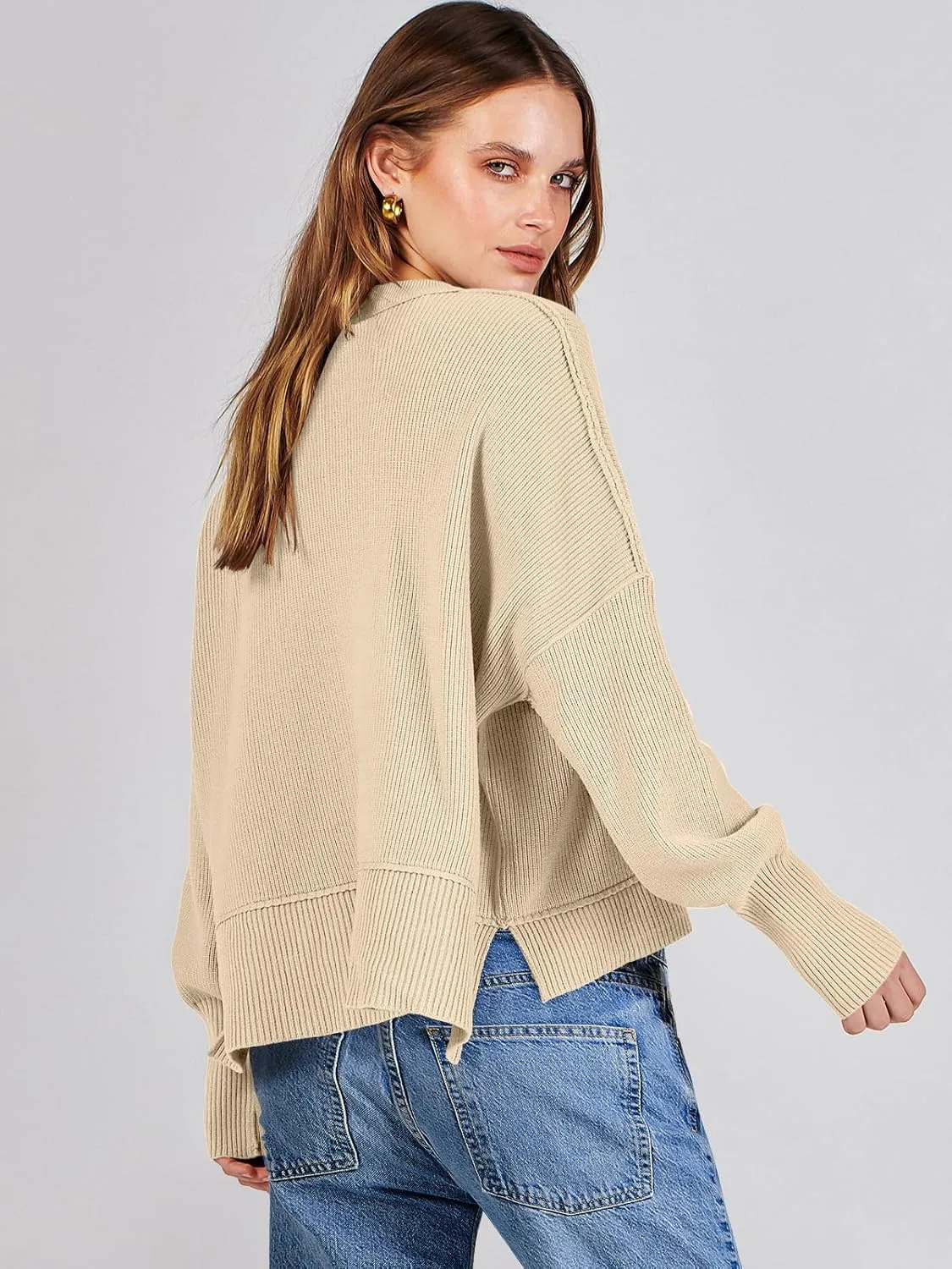 ANRABESS Womens Oversized Crewneck Cropped Sweaters Long Batwing Sleeve Side Slit Ribbed Knit Pullover Tops 2024 Fall Trendy
