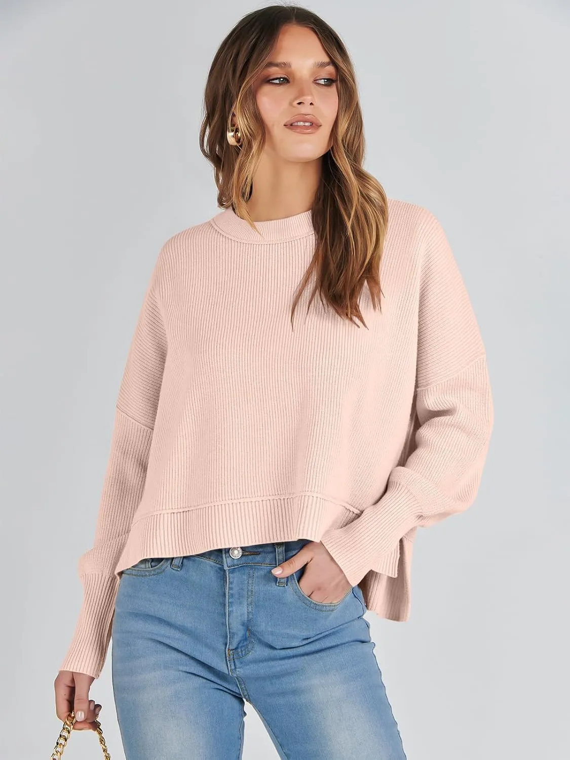 ANRABESS Womens Oversized Crewneck Cropped Sweaters Long Batwing Sleeve Side Slit Ribbed Knit Pullover Tops 2024 Fall Trendy
