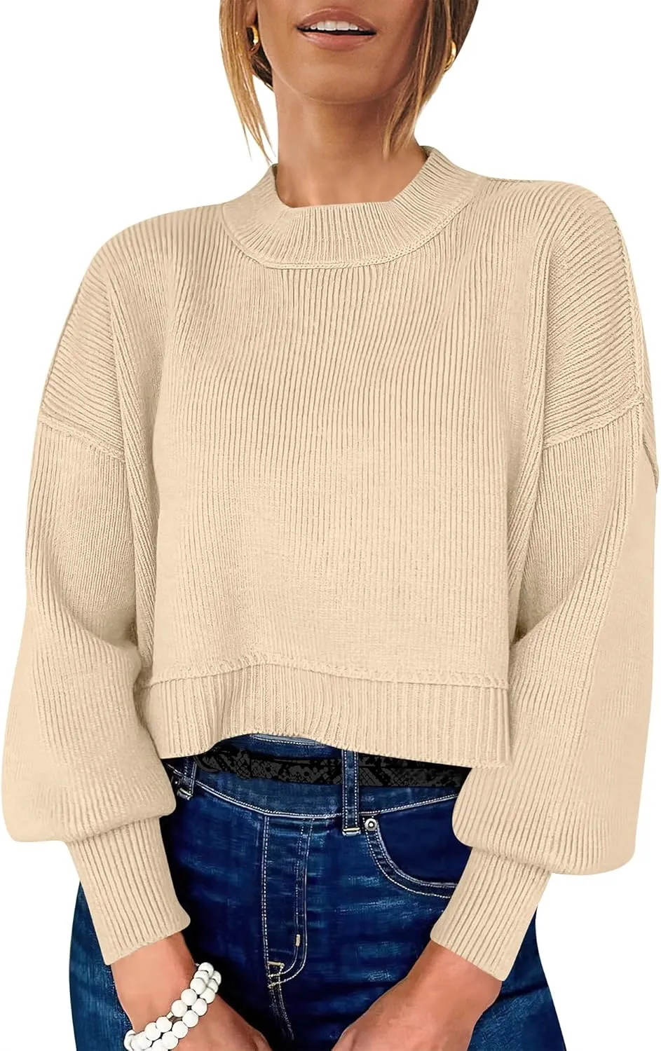 ANRABESS Womens Oversized Crewneck Cropped Sweaters Long Batwing Sleeve Side Slit Ribbed Knit Pullover Tops 2024 Fall Trendy