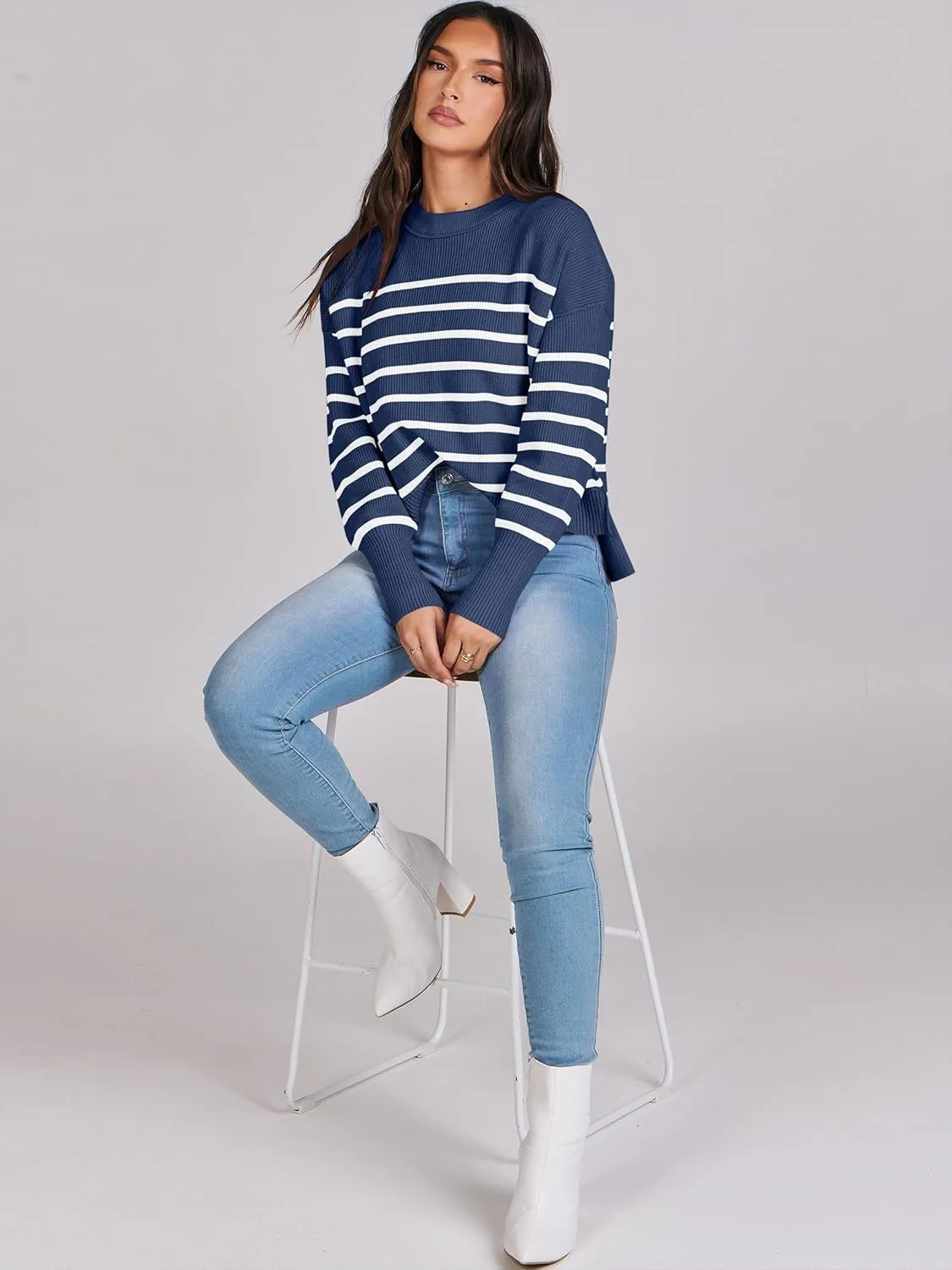 ANRABESS Womens Oversized Crewneck Cropped Sweaters Long Batwing Sleeve Side Slit Ribbed Knit Pullover Tops 2024 Fall Trendy