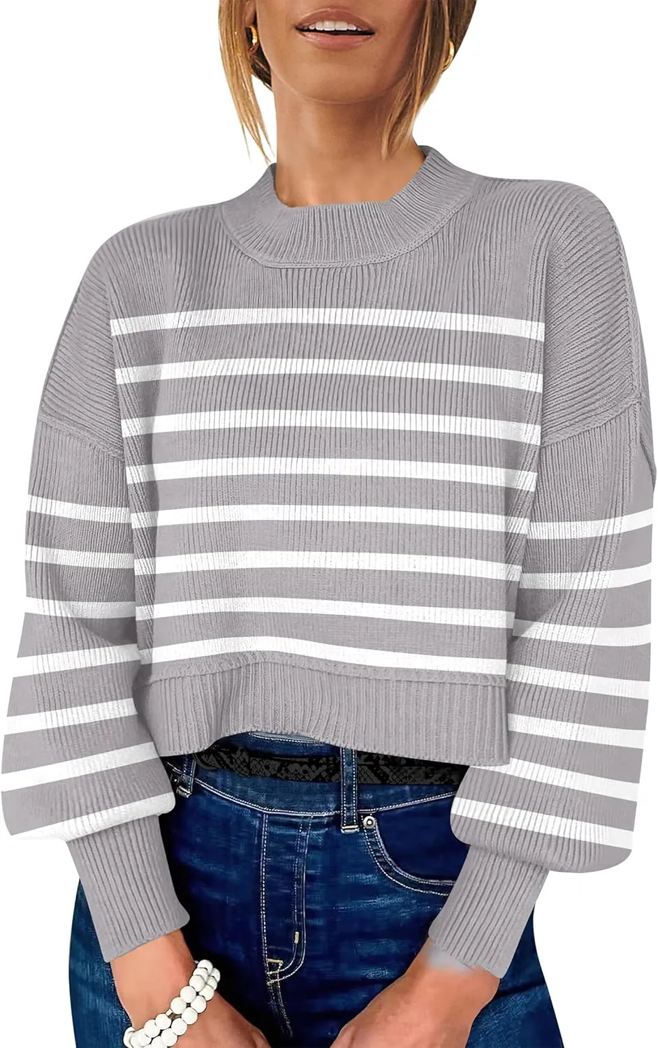 ANRABESS Womens Oversized Crewneck Cropped Sweaters Long Batwing Sleeve Side Slit Ribbed Knit Pullover Tops 2024 Fall Trendy