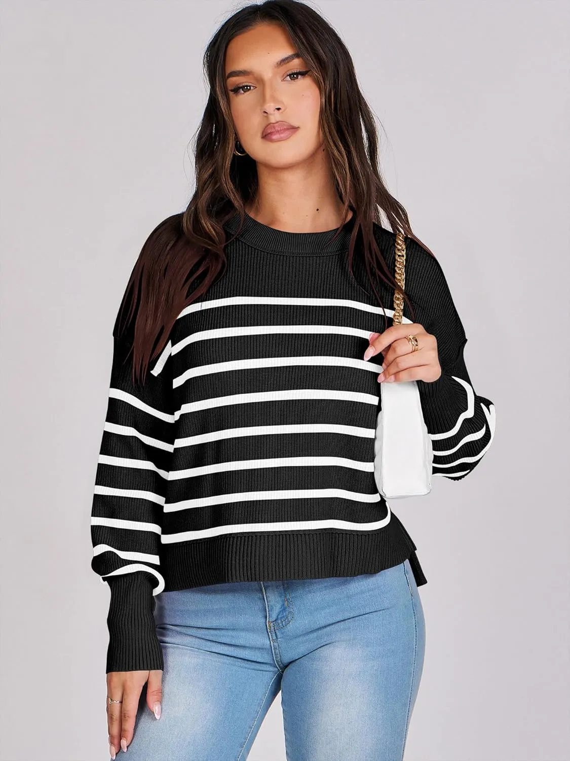 ANRABESS Womens Oversized Crewneck Cropped Sweaters Long Batwing Sleeve Side Slit Ribbed Knit Pullover Tops 2024 Fall Trendy