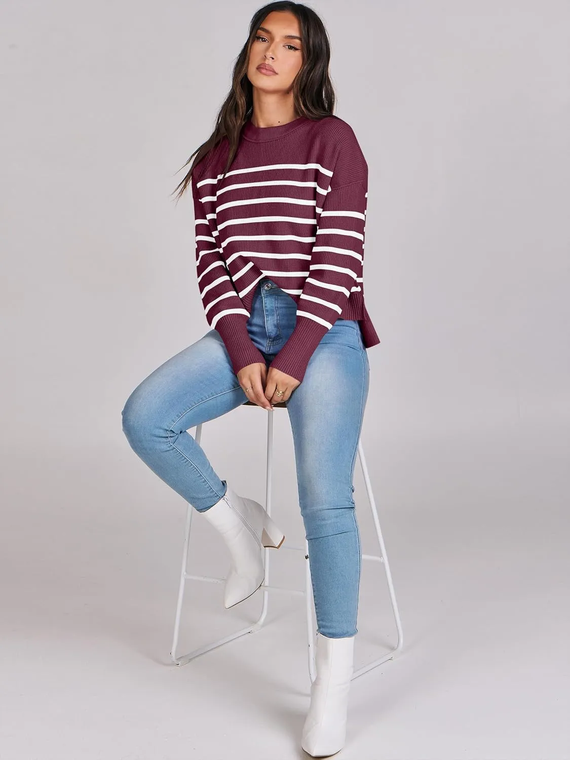 ANRABESS Womens Oversized Crewneck Cropped Sweaters Long Batwing Sleeve Side Slit Ribbed Knit Pullover Tops 2024 Fall Trendy