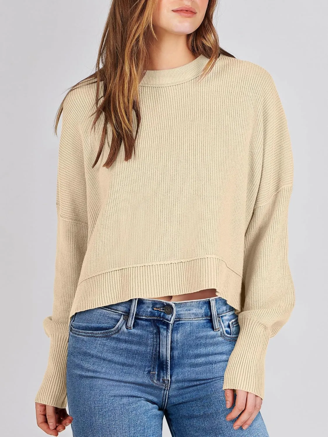 ANRABESS Womens Oversized Crewneck Cropped Sweaters Long Batwing Sleeve Side Slit Ribbed Knit Pullover Tops 2024 Fall Trendy