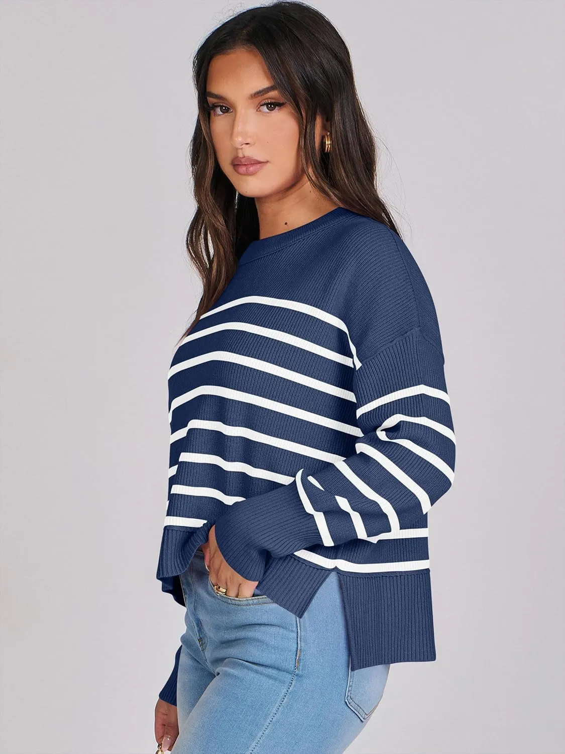 ANRABESS Womens Oversized Crewneck Cropped Sweaters Long Batwing Sleeve Side Slit Ribbed Knit Pullover Tops 2024 Fall Trendy