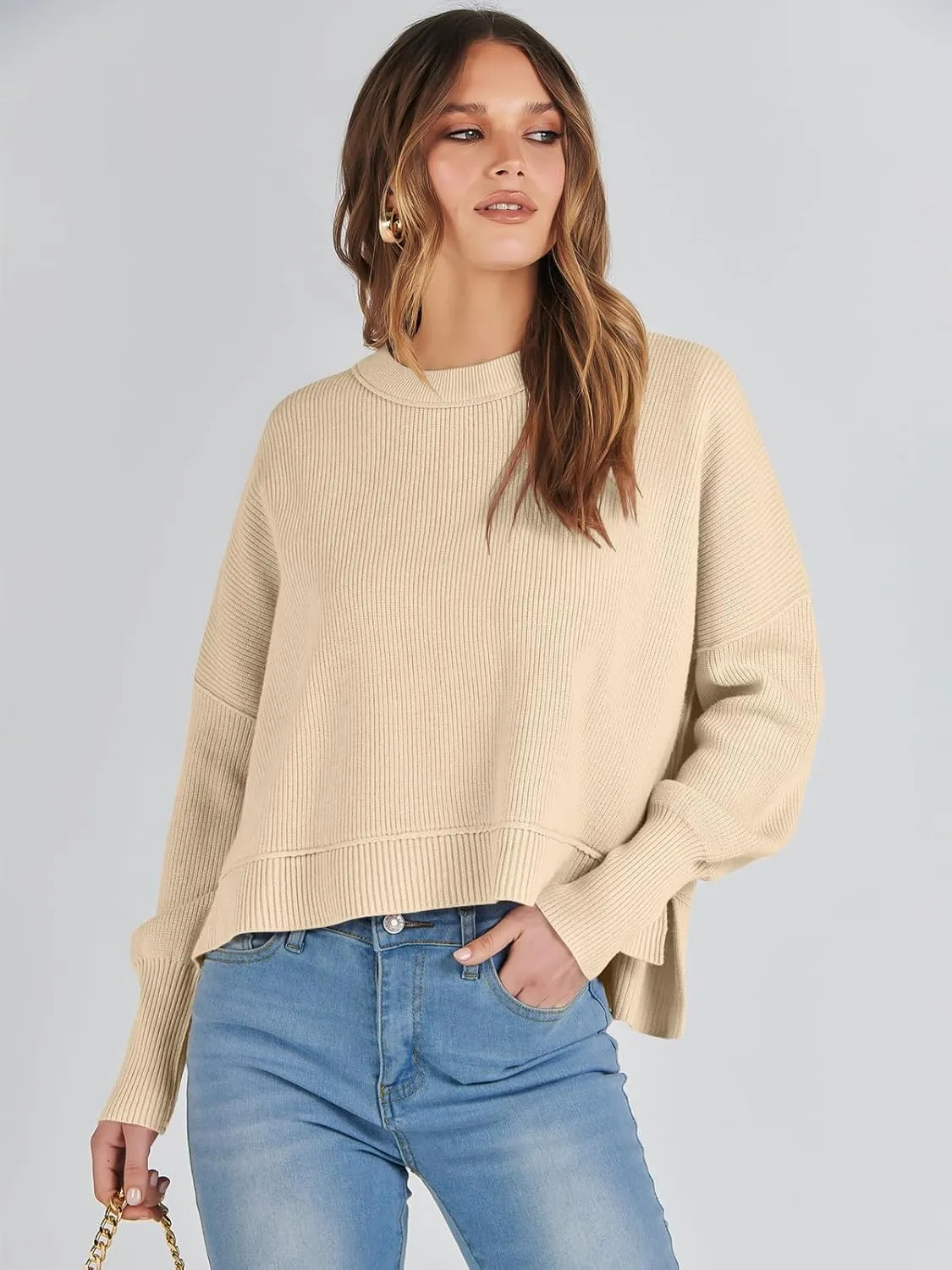 ANRABESS Womens Oversized Crewneck Cropped Sweaters Long Batwing Sleeve Side Slit Ribbed Knit Pullover Tops 2024 Fall Trendy