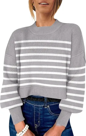 ANRABESS Womens Oversized Crewneck Cropped Sweaters Long Batwing Sleeve Side Slit Ribbed Knit Pullover Tops 2024 Fall Trendy