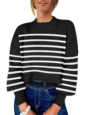 ANRABESS Womens Oversized Crewneck Cropped Sweaters Long Batwing Sleeve Side Slit Ribbed Knit Pullover Tops 2024 Fall Trendy