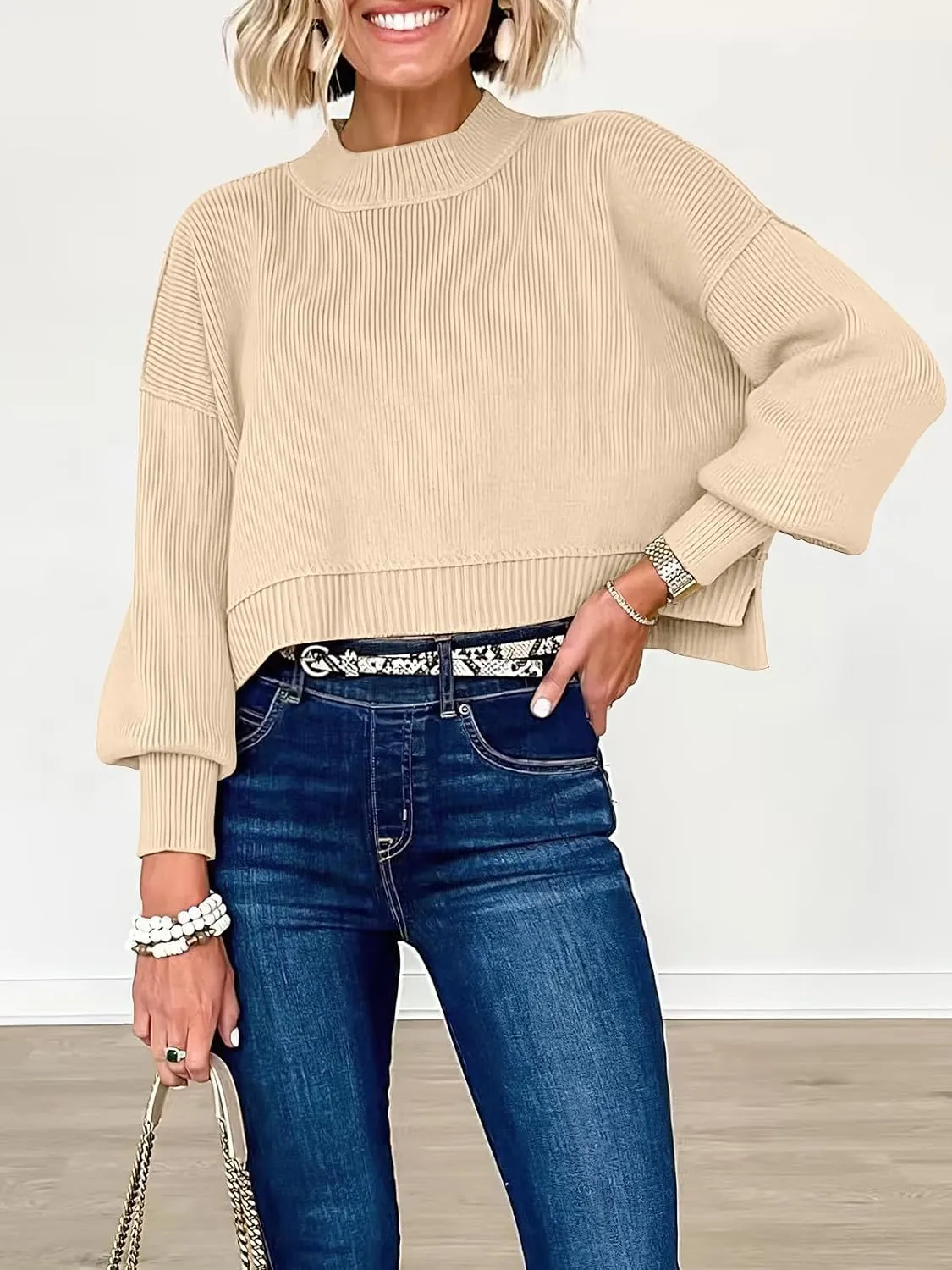 ANRABESS Womens Oversized Crewneck Cropped Sweaters Long Batwing Sleeve Side Slit Ribbed Knit Pullover Tops 2024 Fall Trendy